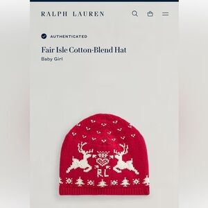 NWT RALPH LAUREN
Fair Isle Cotton-Blend Hat for babies one size fit most